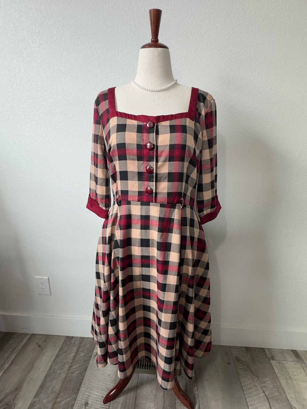 Collectif Burgundy and Beige Plaid Square-Neck Midi Dress